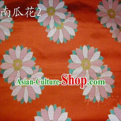 Traditional Asian Chinese Handmade Printing Cushaw Flower Satin Tang Suit Orange Silk Fabric, Top Grade Nanjing Brocade Ancient Costume Hanfu Clothing Fabric Cheongsam Cloth Material