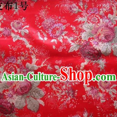 Traditional Asian Chinese Handmade Printing Peony Satin Tang Suit Red Fabric, Nanjing Brocade Ancient Costume Hanfu Cheongsam Cloth Material