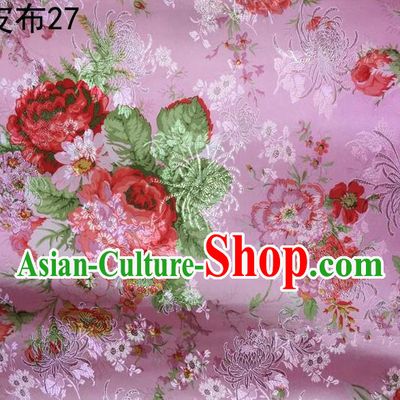 Traditional Asian Chinese Handmade Printing Peony Satin Tang Suit Pink Fabric, Nanjing Brocade Ancient Costume Hanfu Cheongsam Cloth Material