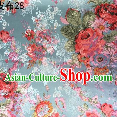 Traditional Asian Chinese Handmade Printing Peony Satin Tang Suit Blue Fabric, Nanjing Brocade Ancient Costume Hanfu Cheongsam Cloth Material