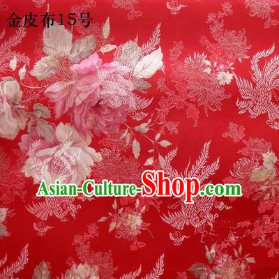 Traditional Asian Chinese Handmade Embroidery Phoenix Pink Peony Satin Tang Suit Red Fabric, Nanjing Brocade Ancient Costume Hanfu Cheongsam Cloth Material