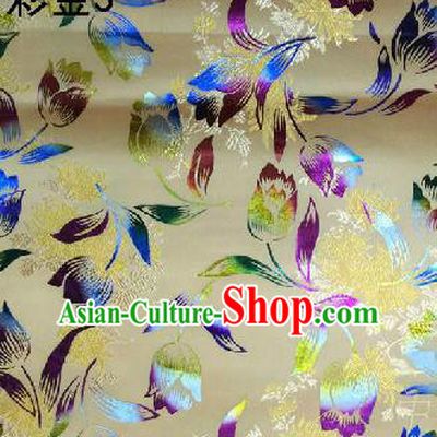 Traditional Asian Chinese Handmade Embroidery Tulip Flowers Satin Tang Suit Golden Fabric, Nanjing Brocade Ancient Costume Hanfu Cheongsam Cloth Material