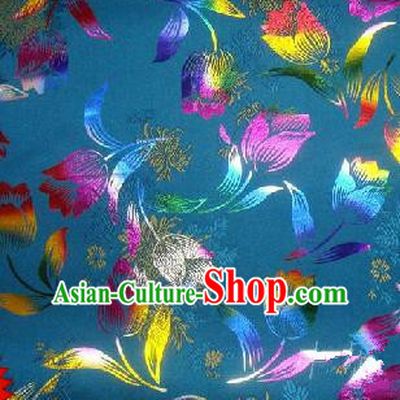 Traditional Asian Chinese Handmade Embroidery Tulip Flowers Satin Tang Suit Blue Fabric, Nanjing Brocade Ancient Costume Hanfu Cheongsam Cloth Material