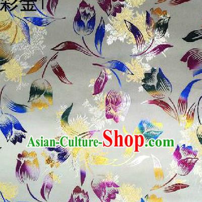 Traditional Asian Chinese Handmade Embroidery Tulip Flowers Satin Tang Suit White Fabric, Nanjing Brocade Ancient Costume Hanfu Cheongsam Cloth Material