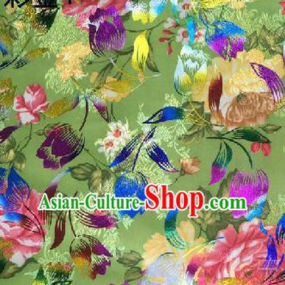 Traditional Asian Chinese Handmade Embroidery Tulip Flowers Satin Tang Suit Green Fabric, Nanjing Brocade Ancient Costume Hanfu Cheongsam Cloth Material