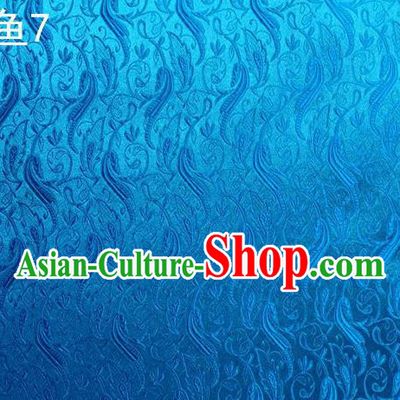 Traditional Asian Chinese Handmade Jacquard Weave Fish Pattern Satin Tang Suit Blue Silk Fabric, Top Grade Nanjing Brocade Ancient Costume Hanfu Clothing Fabric Cheongsam Cloth Material