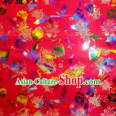 Traditional Asian Chinese Handmade Embroidery Tulip Flowers Satin Tang Suit Red Fabric, Nanjing Brocade Ancient Costume Hanfu Cheongsam Cloth Material