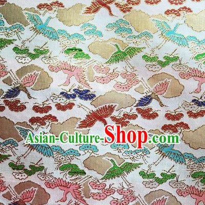 Traditional Asian Chinese Handmade Embroidery Cranes Satin Tang Suit White Fabric, Nanjing Brocade Ancient Costume Hanfu Kimono Cheongsam Cloth Material