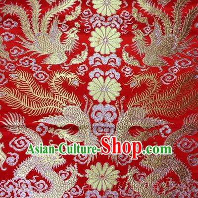 Traditional Asian Chinese Handmade Embroidery Golden Lotus Satin Tang Suit Red Fabric, Nanjing Brocade Ancient Costume Hanfu Xiuhe Suit Cheongsam Cloth Material