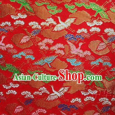 Traditional Asian Chinese Handmade Embroidery Cranes Satin Tang Suit Red Fabric, Nanjing Brocade Ancient Costume Hanfu Kimono Cheongsam Cloth Material