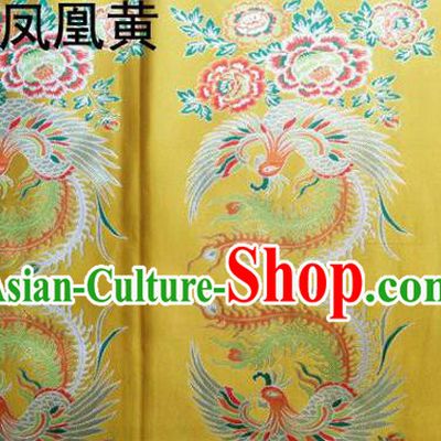 Traditional Asian Chinese Handmade Embroidery Phoenix Satin Tang Suit Yellow Fabric, Nanjing Brocade Ancient Costume Hanfu Xiuhe Suit Cheongsam Cloth Material
