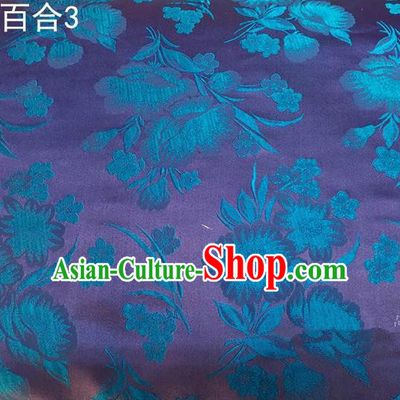 Traditional Asian Chinese Handmade Embroidery Greenish Lily Flower Satin Tang Suit Purple Fabric, Nanjing Brocade Ancient Costume Hanfu Cheongsam Cloth Material