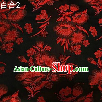 Traditional Asian Chinese Handmade Embroidery Red Greenish Lily Flower Satin Tang Suit Black Fabric, Nanjing Brocade Ancient Costume Hanfu Cheongsam Cloth Material