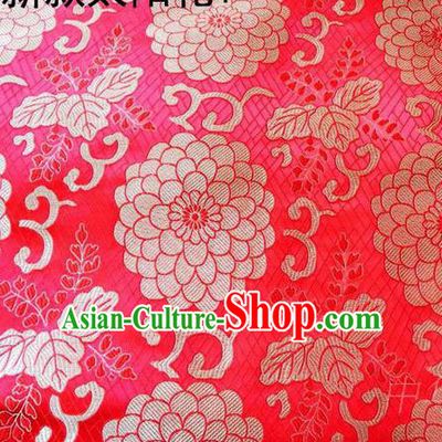 Traditional Asian Chinese Handmade Embroidery Sun Flowers Silk Satin Tang Suit Red Fabric, Nanjing Brocade Ancient Costume Hanfu Cheongsam Cloth Material