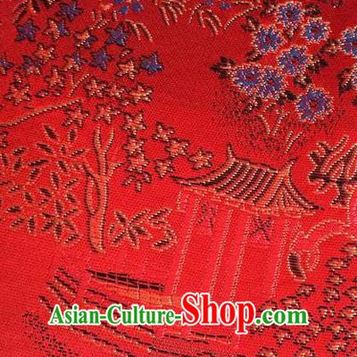 Traditional Asian Chinese Handmade Embroidery Scenery Silk Satin Tang Suit Red Fabric, Nanjing Brocade Ancient Costume Hanfu Cheongsam Cloth Material