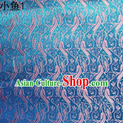Traditional Asian Chinese Handmade Jacquard Weave Pink Fish Pattern Satin Tang Suit Blue Silk Fabric, Top Grade Nanjing Brocade Ancient Costume Hanfu Clothing Fabric Cheongsam Cloth Material