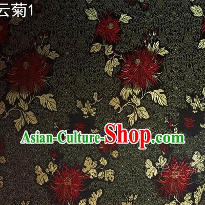 Traditional Asian Chinese Handmade Jacquard Weave Embroidery Red Chrysanthemum Satin Tang Suit Black Silk Fabric, Top Grade Nanjing Brocade Ancient Costume Hanfu Clothing Fabric Cheongsam Cloth Material
