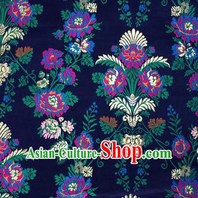 Traditional Asian Chinese Handmade Embroidery Flowers Satin Tang Suit Navy Silk Fabric, Top Grade Nanjing Brocade Ancient Wedding Costume Hanfu Clothing Cheongsam Cloth Material