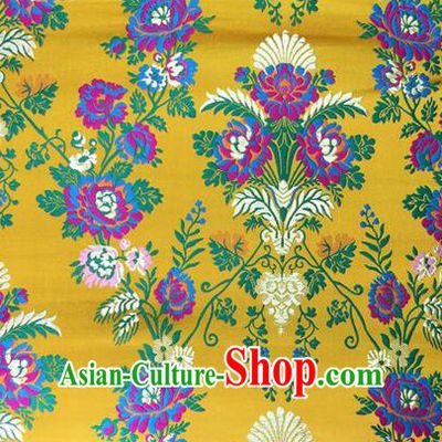 Traditional Asian Chinese Handmade Embroidery Flowers Satin Tang Suit Yellow Silk Fabric, Top Grade Nanjing Brocade Ancient Wedding Costume Hanfu Clothing Cheongsam Cloth Material