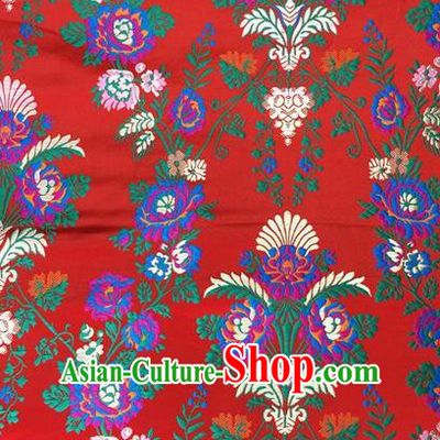 Traditional Asian Chinese Handmade Embroidery Flowers Satin Tang Suit Red Silk Fabric, Top Grade Nanjing Brocade Ancient Wedding Costume Hanfu Clothing Cheongsam Cloth Material