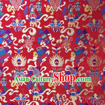 Traditional Asian Chinese Handmade Embroidery Hylotelephium Fishes Satin Xiuhe Suit Red Silk Fabric, Top Grade Nanjing Brocade Ancient Costume Hanfu Clothing Cheongsam Cloth Material