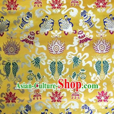 Traditional Asian Chinese Handmade Embroidery Hylotelephium Fishes Satin Xiuhe Suit Yellow Silk Fabric, Top Grade Nanjing Brocade Ancient Costume Hanfu Clothing Cheongsam Cloth Material