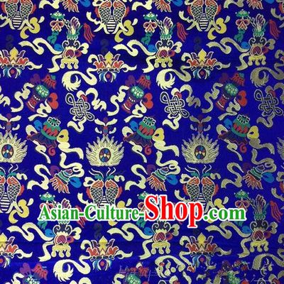 Traditional Asian Chinese Handmade Embroidery Hylotelephium Fishes Satin Xiuhe Suit Royalblue Silk Fabric, Top Grade Nanjing Brocade Ancient Costume Hanfu Clothing Cheongsam Cloth Material