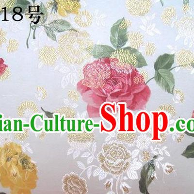 Traditional Asian Chinese Handmade Printing Gold Wire Roses Satin Wedding Tang Suit White Silk Fabric, Top Grade Nanjing Brocade Ancient Costume Hanfu Tibetan Clothing Cheongsam Cloth Material