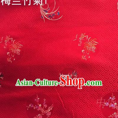 Traditional Asian Chinese Handmade Printing Plum Blossoms Orchid Bamboo and Chrysanthemum Satin Tang Suit Red Fabric, Nanjing Brocade Ancient Costume Hanfu Cheongsam Cloth Material