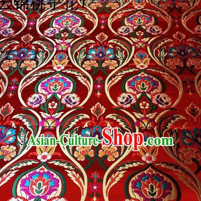 Traditional Asian Chinese Handmade Embroidery Peach Pattern Silk Satin Tang Suit Red Fabric, Nanjing Brocade Ancient Costume Hanfu Cheongsam Cloth Material