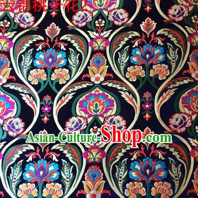 Traditional Asian Chinese Handmade Embroidery Peach Pattern Silk Satin Tang Suit Navy Fabric, Nanjing Brocade Ancient Costume Hanfu Cheongsam Cloth Material