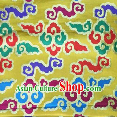 Traditional Asian Chinese Handmade Embroidery Auspicious Clouds Silk Satin Tang Suit Mongolian Robe Yellow Fabric, Nanjing Brocade Ancient Costume Hanfu Cheongsam Cloth Material