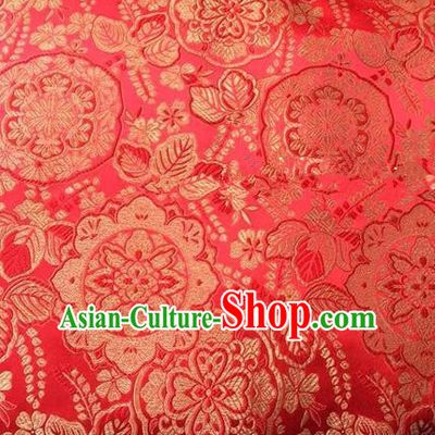 Traditional Asian Chinese Handmade Embroidery Flowers Pattern Silk Satin Tang Suit Mandarin Mongolian Robe Red Fabric, Nanjing Brocade Ancient Costume Hanfu Cheongsam Cloth Material