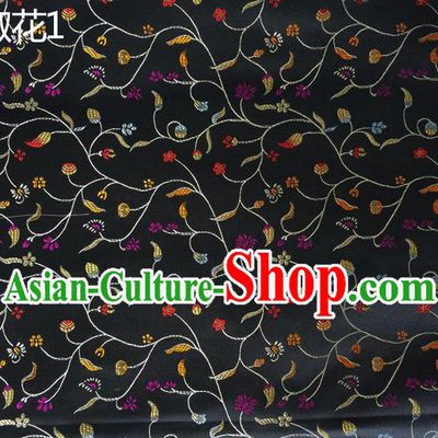 Traditional Asian Chinese Handmade Embroidery Pepper Flowers Pattern Silk Satin Tang Suit Black Fabric, Nanjing Brocade Ancient Costume Hanfu Cheongsam Cloth Material