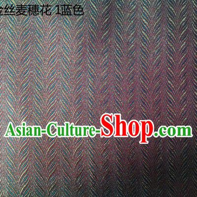 Traditional Asian Chinese Handmade Embroidery Golden Wheat Flowers Silk Satin Tang Suit Blue Fabric, Nanjing Brocade Ancient Costume Hanfu Cheongsam Cloth Material