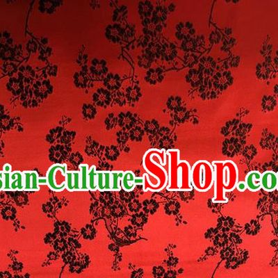 Traditional Asian Chinese Handmade Embroidery Black Plum Blossom Flowers Silk Satin Tang Suit Red Fabric, Nanjing Brocade Ancient Costume Hanfu Cheongsam Cloth Material