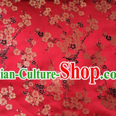 Traditional Asian Chinese Handmade Embroidery Plum Blossom Flowers Silk Satin Tang Suit Red Fabric, Nanjing Brocade Ancient Costume Hanfu Cheongsam Cloth Material
