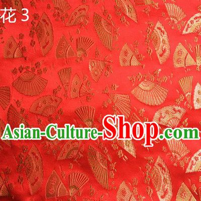 Traditional Asian Chinese Handmade Embroidery Fans Flowers Silk Satin Tang Suit Red Fabric, Nanjing Brocade Ancient Costume Hanfu Cheongsam Cloth Material