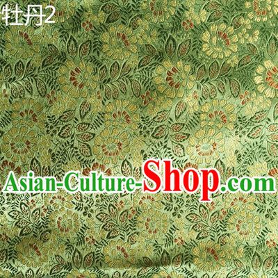 Traditional Asian Chinese Handmade Embroidery Peony Leaf Silk Satin Tang Suit Green Fabric, Nanjing Brocade Ancient Costume Hanfu Cheongsam Cloth Material