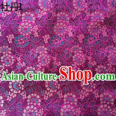 Traditional Asian Chinese Handmade Embroidery Peony Leaf Silk Satin Tang Suit Purple Fabric, Nanjing Brocade Ancient Costume Hanfu Cheongsam Cloth Material