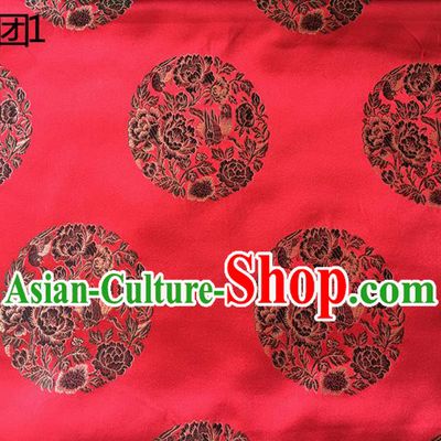 Traditional Asian Chinese Handmade Embroidery Peony Magpie Silk Satin Tang Suit Red Fabric, Nanjing Brocade Ancient Costume Hanfu Cheongsam Cloth Material
