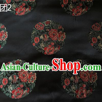 Traditional Asian Chinese Handmade Embroidery Peony Magpie Silk Satin Tang Suit Black Fabric, Nanjing Brocade Ancient Costume Hanfu Cheongsam Cloth Material