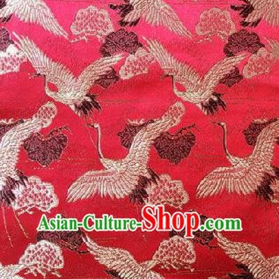 Traditional Asian Chinese Handmade Embroidery Cranes Kimono Silk Satin Tang Suit Red Fabric, Nanjing Brocade Ancient Costume Hanfu Cheongsam Cloth Material