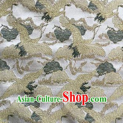 Traditional Asian Chinese Handmade Embroidery Cranes Kimono Silk Satin Tang Suit White Fabric, Nanjing Brocade Ancient Costume Hanfu Cheongsam Cloth Material