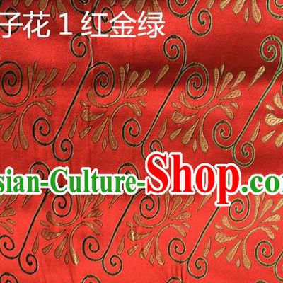 Traditional Asian Chinese Handmade Embroidery Wave Green Stem Flowers Silk Satin Tang Suit Red Fabric, Nanjing Brocade Ancient Costume Hanfu Cheongsam Cloth Material