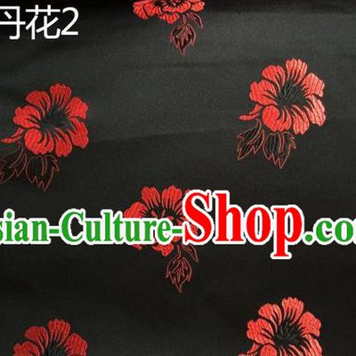 Traditional Asian Chinese Handmade Embroidery Red Peony Flowers Silk Satin Tang Suit Black Fabric, Nanjing Brocade Ancient Costume Hanfu Cheongsam Cloth Material