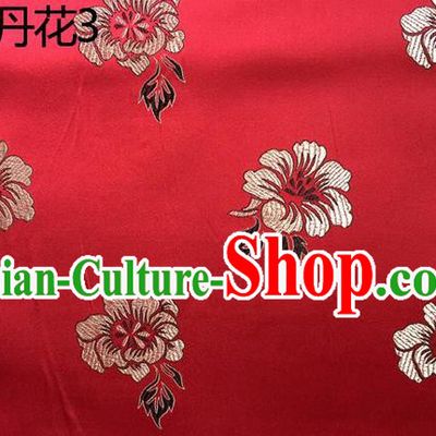 Traditional Asian Chinese Handmade Embroidery Peony Flowers Silk Satin Tang Suit Red Fabric, Nanjing Brocade Ancient Costume Hanfu Cheongsam Cloth Material