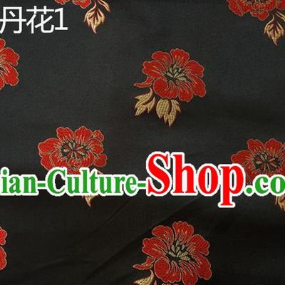 Traditional Asian Chinese Handmade Embroidery Peony Flowers Silk Satin Tang Suit Black Fabric, Nanjing Brocade Ancient Costume Hanfu Cheongsam Cloth Material