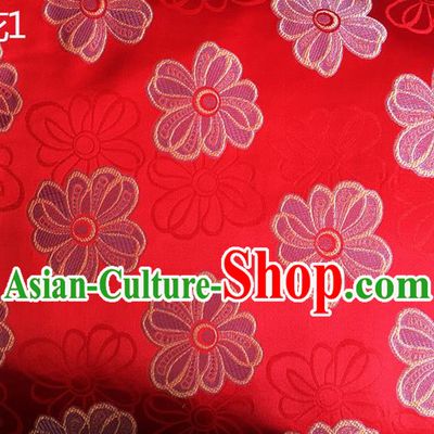 Traditional Asian Chinese Handmade Embroidery Flowers Silk Satin Tang Suit Red Fabric Drapery, Nanjing Brocade Ancient Costume Hanfu Cheongsam Cloth Material