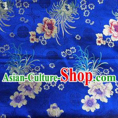 Traditional Asian Chinese Handmade Embroidery Marguerite Flowers Silk Satin Tang Suit Blue Fabric Drapery, Nanjing Brocade Ancient Costume Hanfu Cheongsam Cloth Material